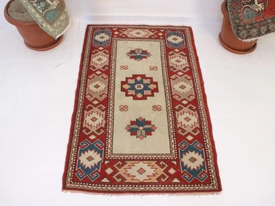 Alfombra vintage anudada a mano roja beige floral tradicional envejecida 3x4 pies Foto 1 de 4