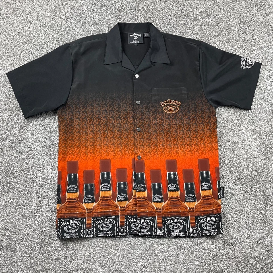 Vtg Jack Daniels Shirt Men Large Black Loop Collar Camp Whiskey Dragonfly Y2K 03 - Image 1 of 4