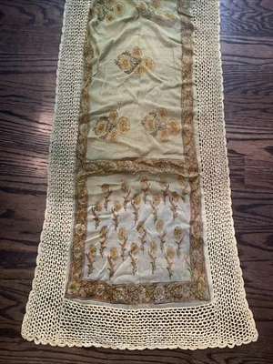 Mantón de sari indio envolvente amarillo verde floral gasa borde de ganchillo 70 X 20 Foto 1 de 4