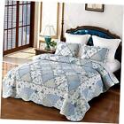  Floral Patchwork Quilt Set, Full 3 Piece Bedding Set with 2 Queen Size Blue