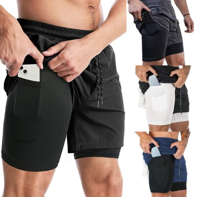 Herren 2 in 1 Laufshorts Running Fitness Kurzhose Sweat Shorts mit Handytasche - Bild 1 von 4