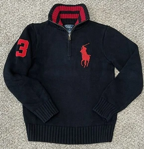 Polo Ralph Lauren Boys Big Pony Quarter Zip Chunky Sweater Black Red Size S - Picture 1 of 5