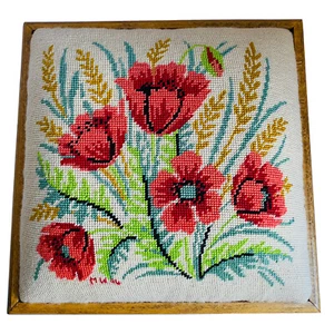 Vintage Footstool Stool Tapestry Embroidery Poppy Flower Cottage Core Handmade - Picture 1 of 23