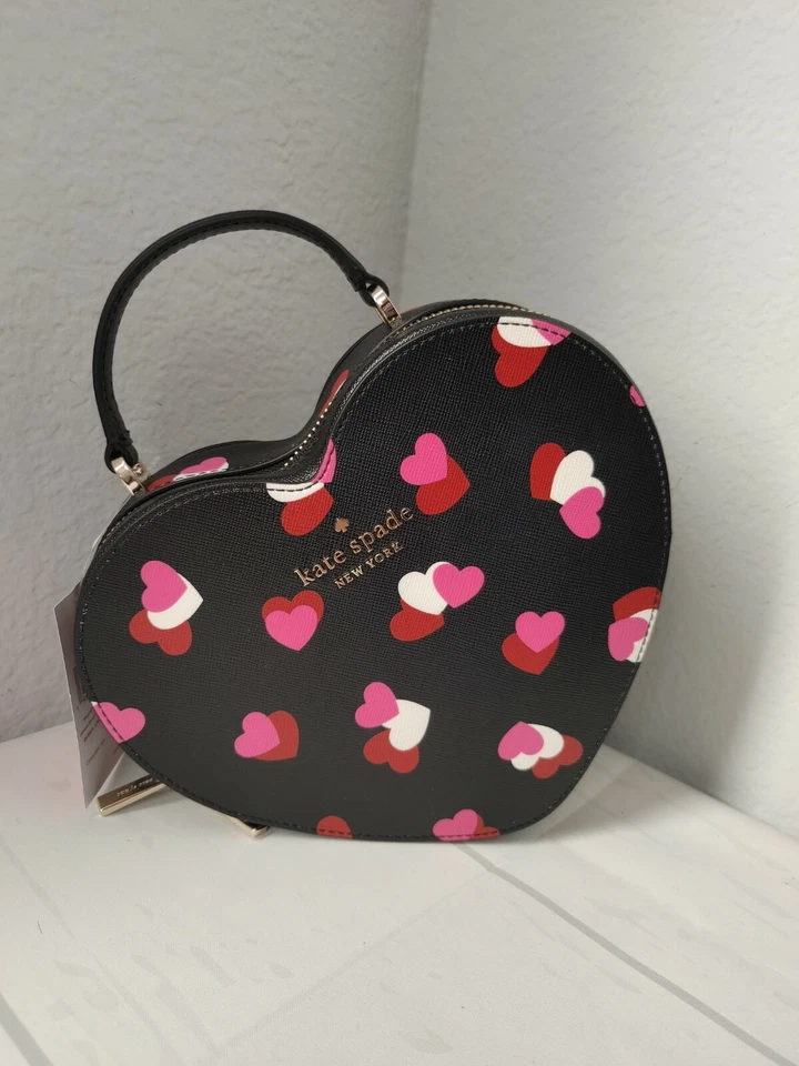 kate spade new york Love Shack Small Flutter Hearts Printed Heart Crossbody Leather Purse - Black Multi