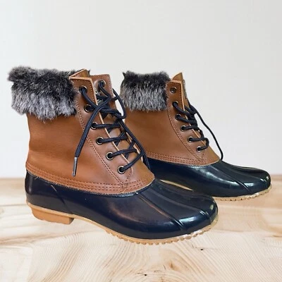 Bass Harlequin Winter Duck Boots Black Sz 9 Womens Leather Rubber Faux Fur Trim - Image 1 of 4