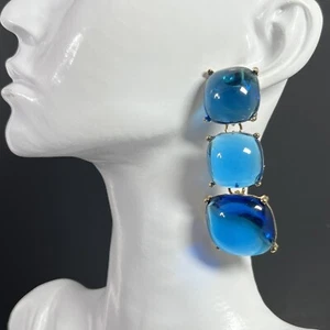 Jelly Resin Cabochon Earrings Blue Gold Tone Pierced Dangle Drop Gripoix Style - Picture 1 of 7