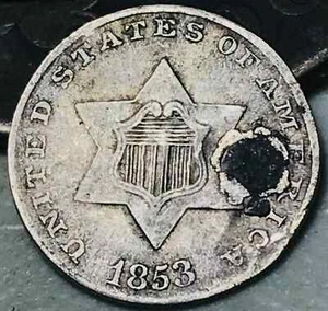 1853 Three Cent Silver Piece Trime 3c Type 1 Ungraded Damaged US Coin - Picture 1 of 2