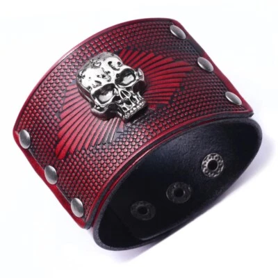 Gothic Skull Cowhide Men Wide Bracelets Women Jewelry Punk Rock Cool Halloween - Image 1 of 4