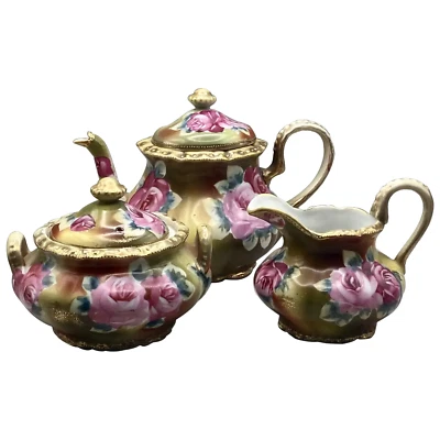 Antiguo Juego de Té Nipón, 5 Piezas, Moriage Pintado a Mano, Rosas Rojas y Rosas Foto 1 de 4