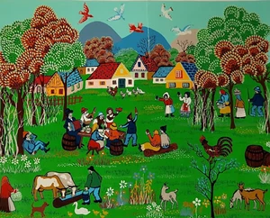 Signed Claudine Joie De Vivre Romanian Village Serigraph Print 23" x 30" Crease - Picture 1 of 22