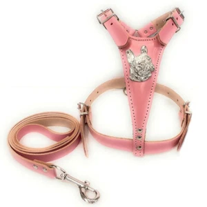 Baby Pink Leather Dog Harness with French Bulldog Head and Matching Leather Lead - Picture 1 of 1