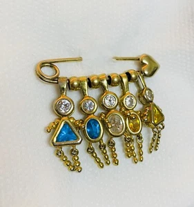 STERLING SILVER 925 CRYSTAL FAMILY BOY GIRL  HEART DANGLE CHARM BROOCH Golden - Picture 1 of 5