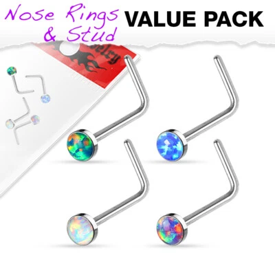 4 Pcs Simulated Opal Set Surgical Steel L Bend Nose Stud Ring Piercing 20g - Image 1 of 2