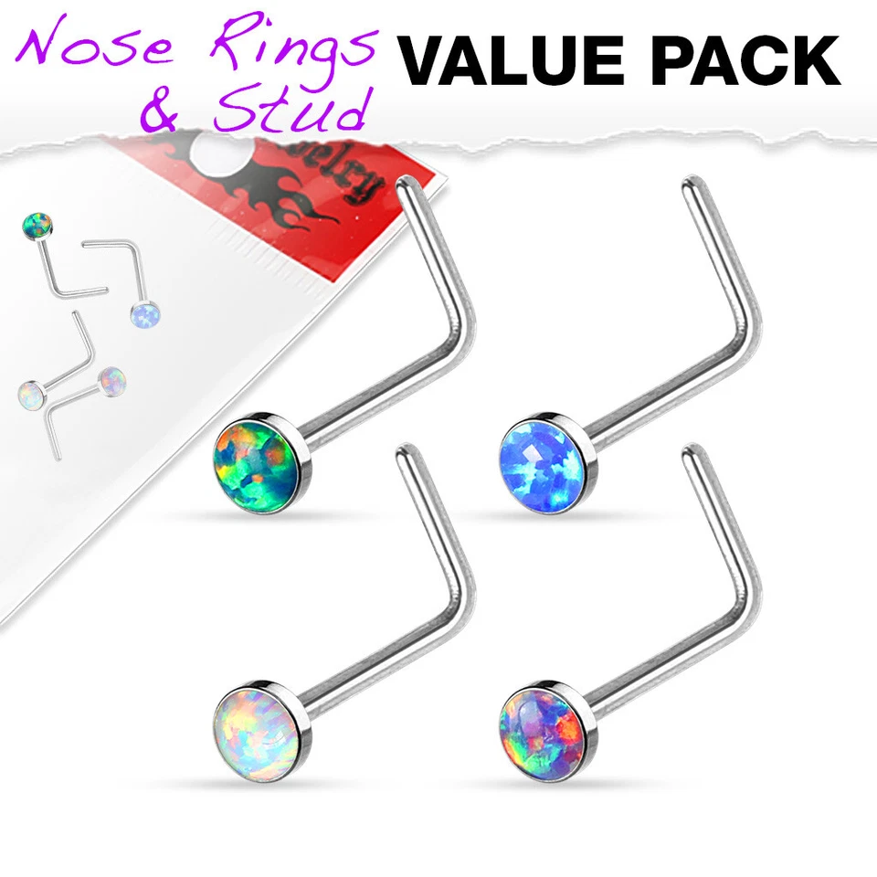 4 Pcs Simulated Opal Set Surgical Steel L Bend Nose Stud Ring Piercing 20g - Image 1 of 2