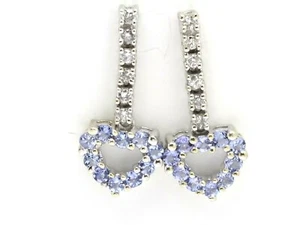 14k White Gold Round Diamond & Purple Amethyst Heart Dangle Earrings 1.10ct - Picture 1 of 3