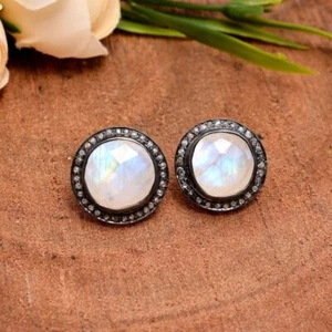 925 Massiv Silber Elegant Weiße Mondstein Pave Diamant 1Pcs Manschettenknopf - Bild 1 von 4
