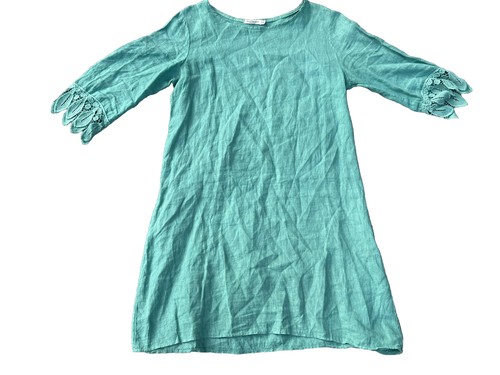 VALENTINO Abito Valentina Naldi blu verde acqua lino scoop collo manica dettagliata taglia L