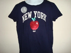 GIRL GAP SEQUINS AND PRINTED LOGO, NAVY COLOR, SHORT SLEEVE T -SHIRTS NWT - Picture 1 of 2