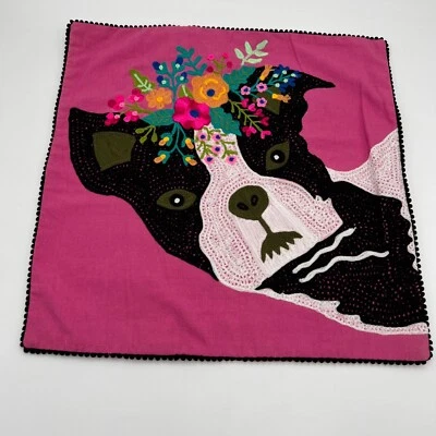 greige French bull dog Embroidered Cushion Cover Hand Embroidered - Image 1 of 4