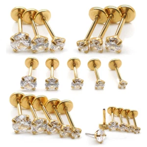 Nose Ring Flat Back Earrings 2-4mm 20G Gold Tone 1/4" Threadless Push Pin CZ NEW - Picture 1 of 12
