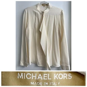 $895 MICHAEL KORS COLLECTION Silk Blouse Button-Up Drape Front Ivory Size 10 - Picture 1 of 10