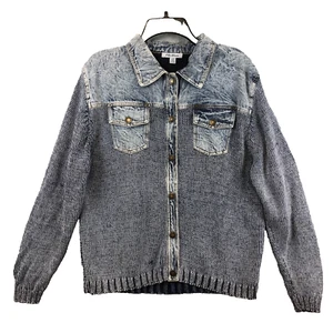 PBJ Blues Vintage Knit Denim Jacket Blue Womens Lg Pockets Button Up 90s Retro - Picture 1 of 9