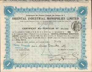 Titre 1 action: ORIENTAL INDUSTRIAL MONOPOLIES LTD, Explosifs en TURQUIE (G) - Picture 1 of 1