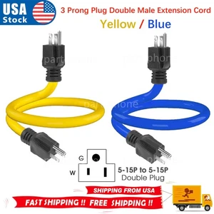 Lot 3 Prong Plug 125V Double Male Extension Cord NEMA 5-15P to 5-15P Yellow/Blue - Picture 1 of 11