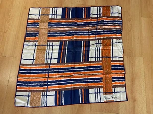 FOULARD NINA RICCI CARRE SOIE VINTAGE ANNEES 70 DECOR GEOMETRIQUE BLEU ET ORANGE - Imagen 1 de 8