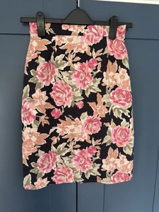 Laura Ashley Pencil Skirt Floral Rose Black Cotton Uk 10 - Picture 1 of 7
