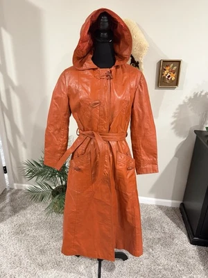 Винтажный 1970-х оранжевый кожаный с капюшоном Тренч - Изображение 1 из 4