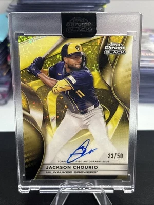 2025 Topps Chrome Black Jackson Chourio Gold Mini Diamond Auto 23 /50 Encased - Image 1 of 4