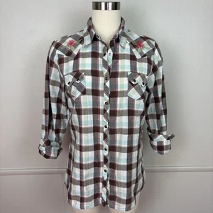 Shyanne Cotton Western Snap Front Brown Plaid Shirt Sz L Floral Embroidery Rodeo - Picture 1 of 18