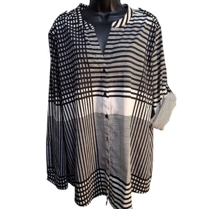 Calvin Klein Black and White Striped Shirt XL Roll Tab Sleeves Button Up Office - Picture 1 of 13