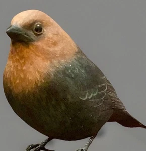 Vogel Holzschnitzerei braunköpfiger Kuhvogel signiert YML SIEHT LEBENDIG AUS! - Bild 1 von 23