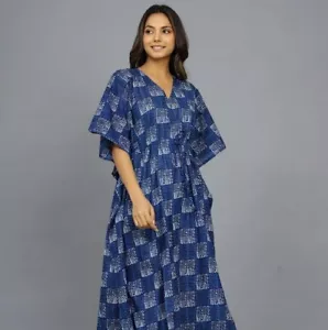 Cotton Kaftan for Women Blue Night Suit Hip Hop Cover Up Kaftan Drees Gift Her - Picture 1 of 6