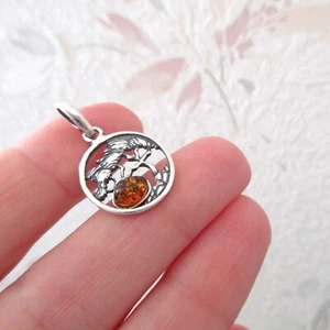 Pendentif rond arbre de vie ambre Baltique argent 925 sterling PE185-c - Picture 1 of 3