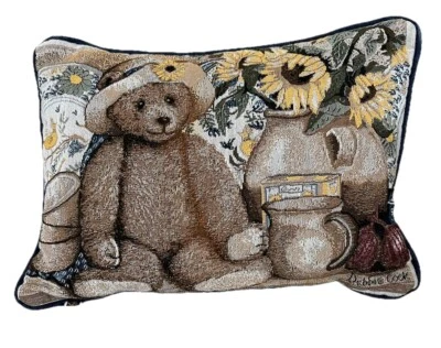 Tapestry Teddy Bear Pillow Debbie Cook Fashion Country Lumbar Pillow 17x12 EUC - Image 1 of 4