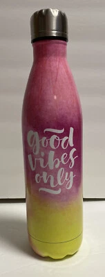 Vacuum Flask Stainless Steel Insulated Water Bottle GOOD VIBES ONLY Pink/Yellow - Image 1 of 4