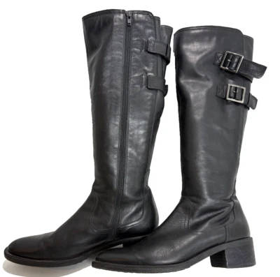 Botas femininas Clarks de couro preto altura do joelho fivela dupla tamanho 9,5M - Imagem 1 de 4