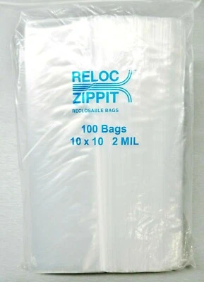 100 RELOC Zippit 10" Clear 2 Mil Bags Large Reclosable 10"  Square Zip Seal Lock - Image 1 of 3
