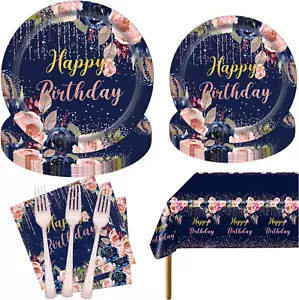 Birthday Plates and Napkins 97 Pcs Navy Blue Rose Gold Birthday Decorations for - Picture 1 of 6