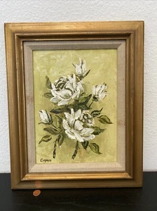 Original Midcentury White Rose Flower Oil Painting Artist Everett? Eignus Signed - Picture 1 of 17