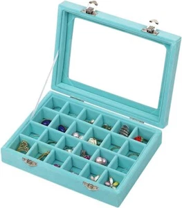 24 Slots Velvet Glass Jewelry Box Organizer Rings Earrings Tray Display Case - Picture 1 of 3
