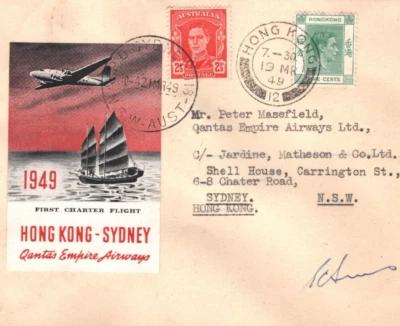 HONG KONG/AUSTRALIA Air FRANQUEO MIXTO Firmado en 1949 Portada QANTAS VUELO KA826 Foto 1 de 4