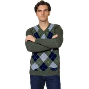 . Crew Herren 100 % Lammwolle V-Ausschnitt Pullover grün Argyle Diamant Pullover Größe LRG - Bild 1 von 7