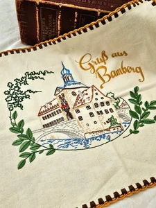 Funda de almohada de recuerdo vintage Bamberg Alemania lino bordado a mano - Imagen 1 de 18