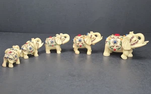 (5) Ivory Colored Resin Elephant Figures Trunk Up Good Luck w/ Painted Jewels - Picture 1 of 23