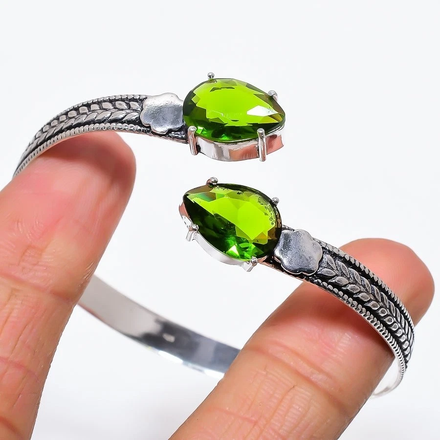 Green Peridot Gemstone Handmade 925 Sterling Silver Adjustable Cuff Bracelet - Image 1 of 1
