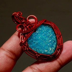 Blue Titanium Druzy Gemstone Gift Wire Wrap Copper Jewelry Pendant 2.30" SR 1777 - Picture 1 of 6